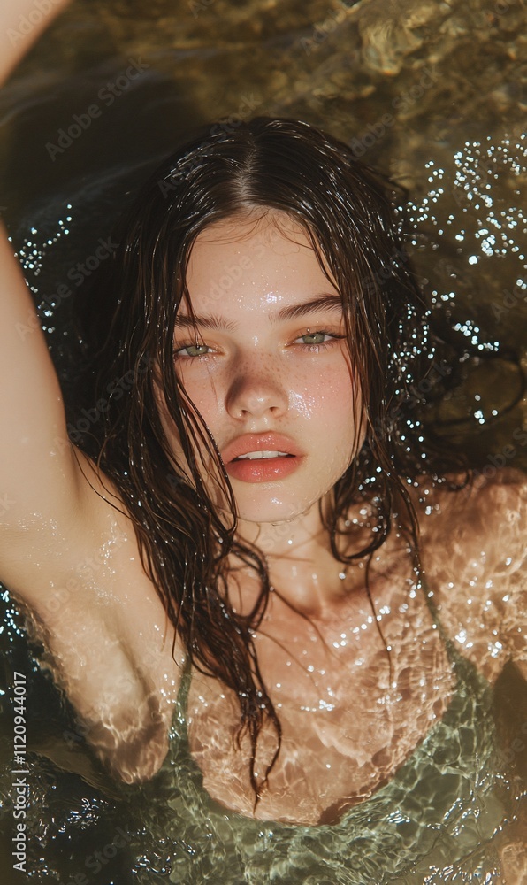 A close-up portrait of a young woman in water, showcasing natural beauty. A close-up portrait of a young woman in water, showcasing natural beauty.
