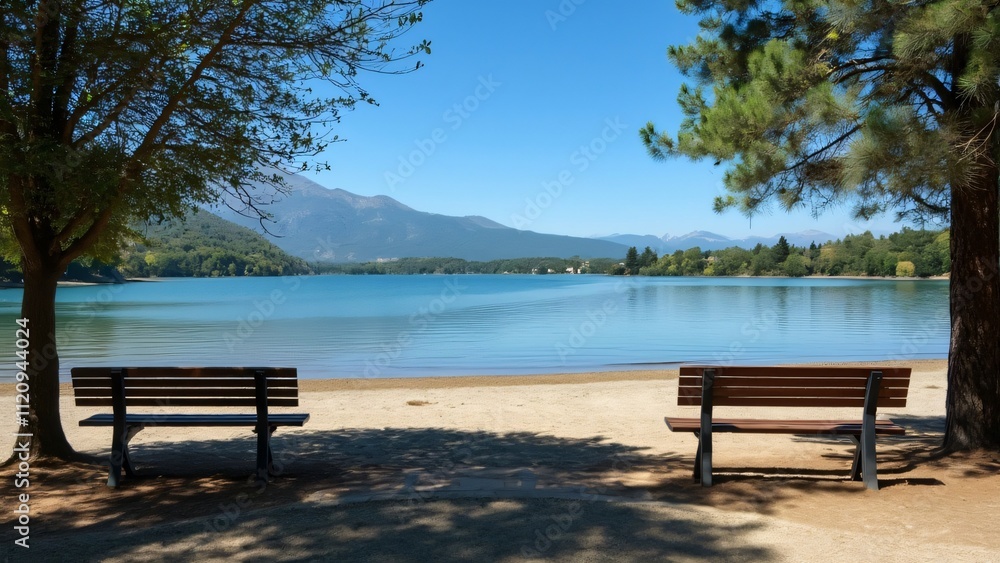 Serene Lakeside Scene, Two Benches on Sandy Shore, Mountains in Background - Italy Serene Lakeside Scene, Two Benches on Sandy Shore, Mountains in Background - Italy