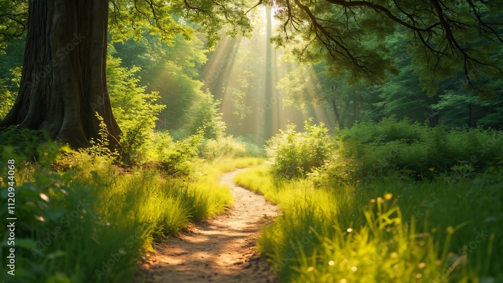 Serene Summer Forest Path, Sunlit Trail Through Lush Green Grass and Trees Serene Summer Forest Path, Sunlit Trail Through Lush Green Grass and Trees