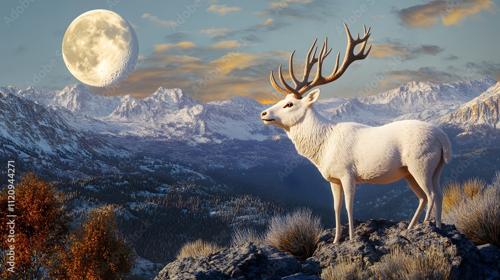 Obraz premium A majestic white deer with perfect antlers, on the mountain and the beautiful view of the full moon at night