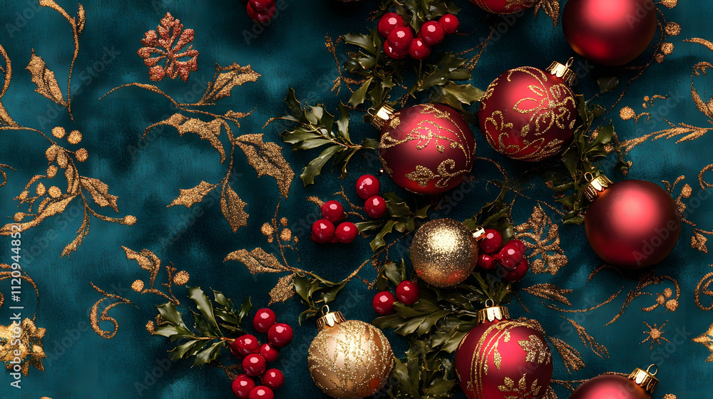 Festive Christmas Ornaments Resting on Teal Fabric Festive Christmas Ornaments Resting on Teal Fabric