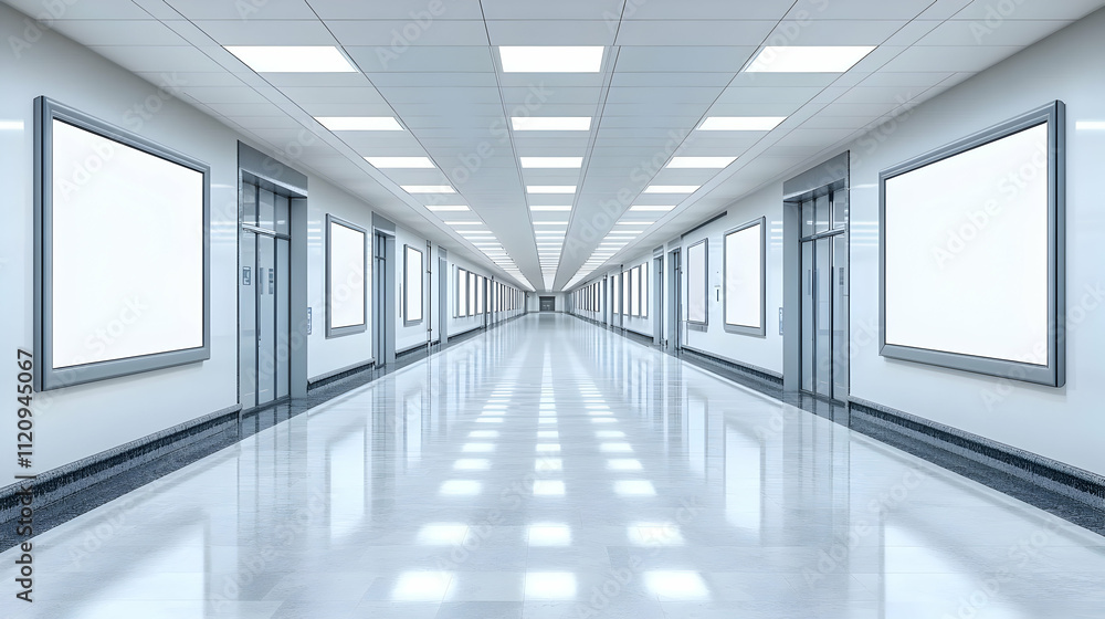 Long, bright hallway with blank posters and elevators. Long, bright hallway with blank posters and elevators.