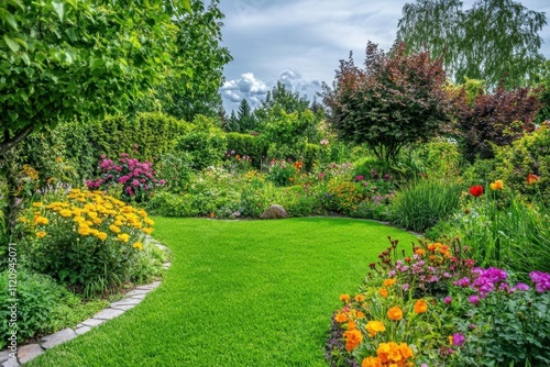 A vibrant garden filled with colorful flowers and lush greenery.
