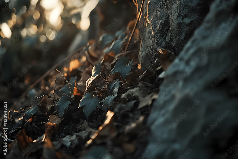 Low-angle close-up of ivy and leaves at base of rock, sunlight. Low-angle close-up of ivy and leaves at base of rock, sunlight.