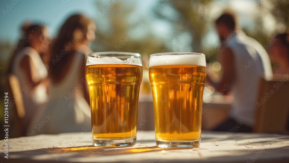 Two Glasses of Beer at Sunny Outdoor Wedding Reception, Cheers to the Happy Couple! Two Glasses of Beer at Sunny Outdoor Wedding Reception, Cheers to the Happy Couple!