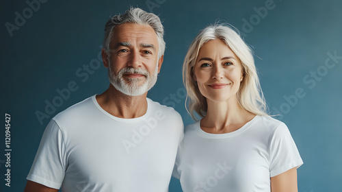 Old mature couple with matching Mockup White t-shirt, happy lovely man and woman