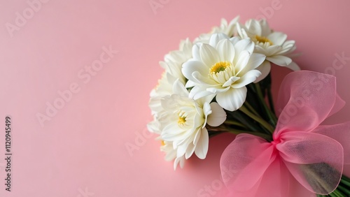 Close-up of Elegant White Flower Bouquet with Pink Tulle Ribbon on Pink Background - Minimalist High-Definition Photography