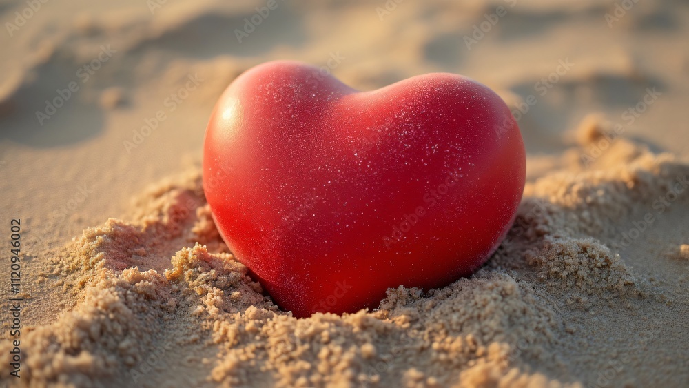 Red Heart Stress Ball on Sandy Beach, Valentine's Day Love and Health Concept Red Heart Stress Ball on Sandy Beach, Valentine's Day Love and Health Concept