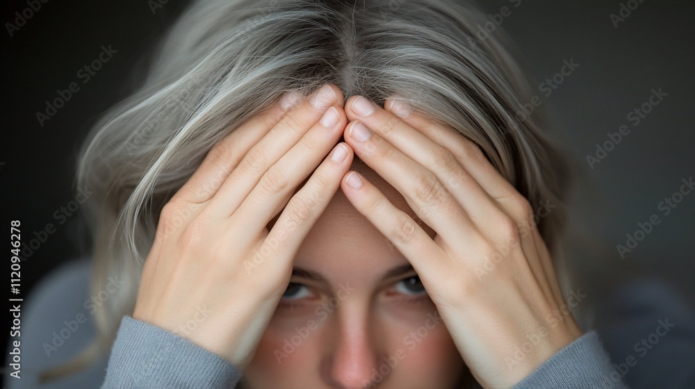 A person with hands on their forehead, expressing stress or concern. A person with hands on their forehead, expressing stress or concern.