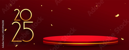 2025 new year red wallpaper with 3d podium platform