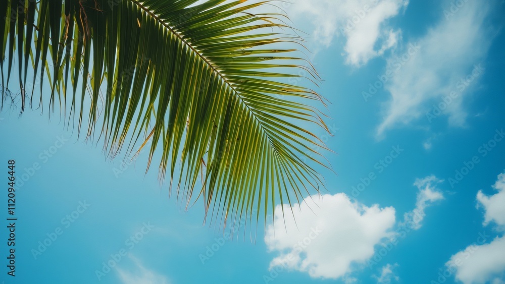 Vibrant Green Palm Frond Against a Sunny Blue Sky with Fluffy White Clouds, Tropical Summer Background Image Vibrant Green Palm Frond Against a Sunny Blue Sky with Fluffy White Clouds, Tropical Summer Background Image