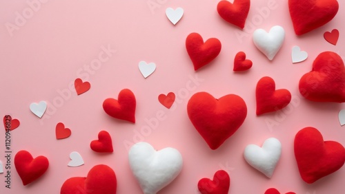 Romantic Valentine's Day Flat Lay, Red and White Hearts on Pink Background
