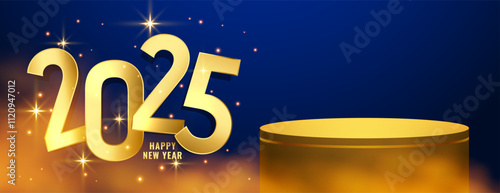 2025 new year wishes banner with 3d podium stand