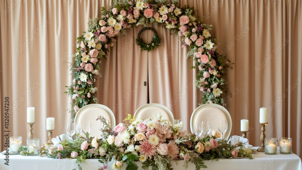 Elegant Wedding Head Table Decor, Pink & White Flowers, Floral Arch, Romantic Setting Elegant Wedding Head Table Decor, Pink & White Flowers, Floral Arch, Romantic Setting