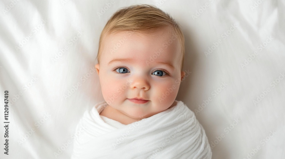 Adorable Baby Wrapped in Soft White Blanket with Bright Blue Eyes Smiling at Camera on Cozy White Background Adorable Baby Wrapped in Soft White Blanket with Bright Blue Eyes Smiling at Camera on Cozy White Background