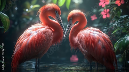 Two Vibrant Scarlet Ibis Birds in a Lush Tropical Setting Surrounded by Greenery and Pink Flowers, Creating a Serene and Exotic Atmosphere photo