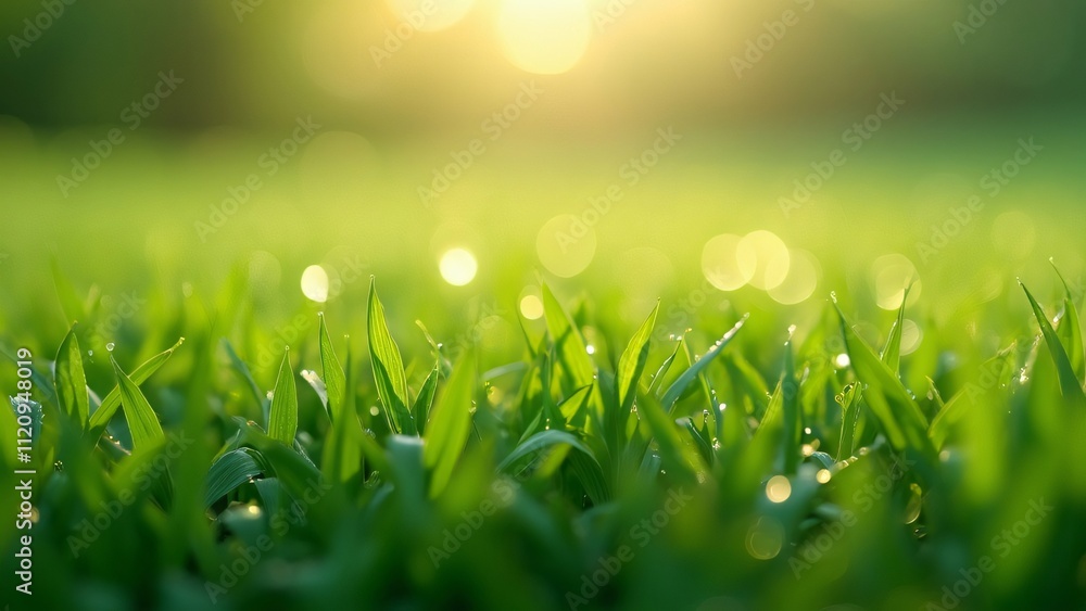 Fototapeta premium Vibrant Green Grass Macro Photography, Dew Drops, Bokeh, Sunny Meadow Landscape