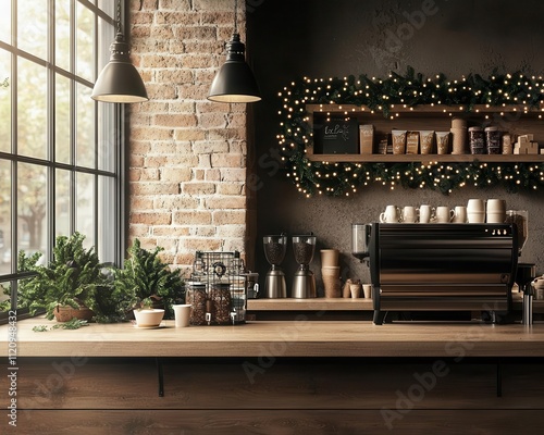 Elegant coffee shop with festive garlands, frosted windows, and soft lighting, garlanddecorated cafe, warm, inviting photo