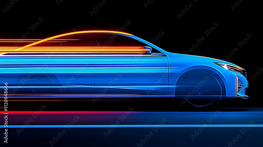 Naklejka premium Sleek blue car speeding, vibrant light trails.