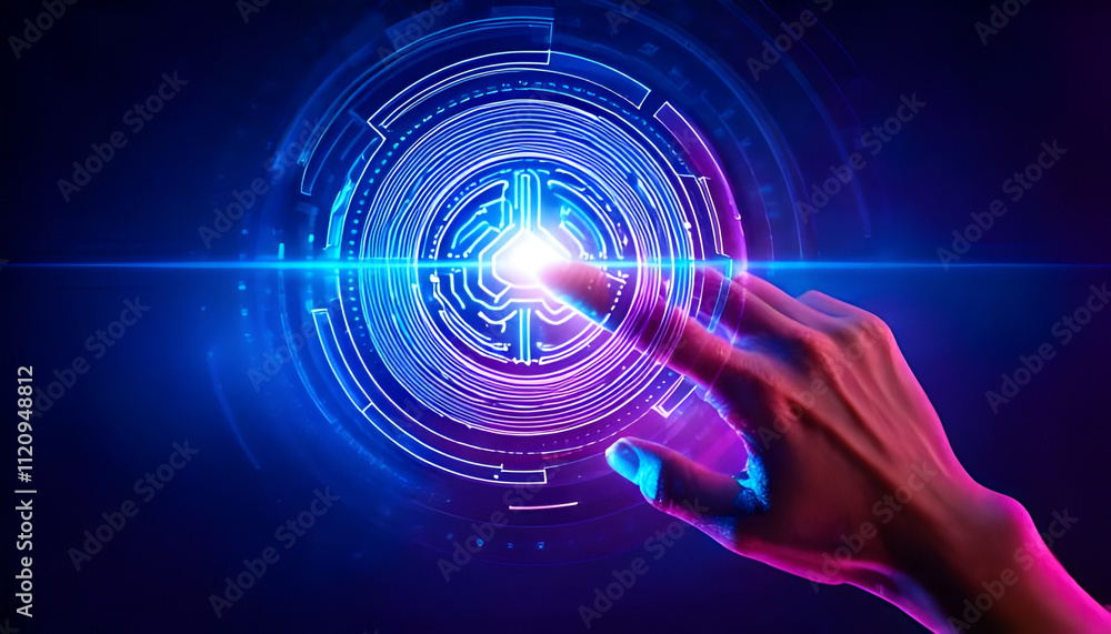 Hand pushing a button on a touch screen interface. Hand pushing a button on a touch screen interface.