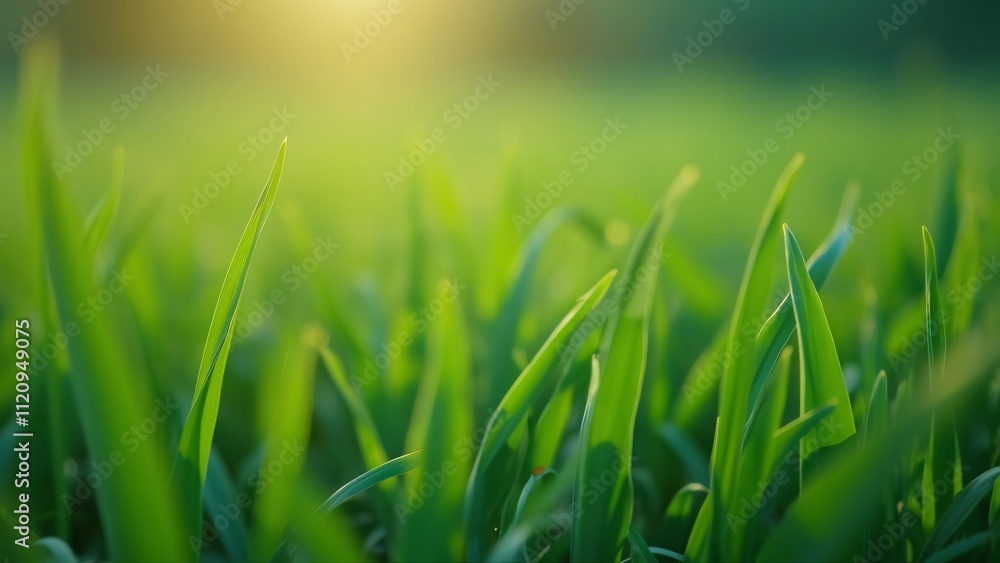 Obraz premium Vibrant Green Grass Blades Close-Up, Nature Photography with Blurred Background and Copy Space