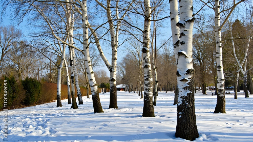 Majestic Winter Birch Trees in Snowy Park, Serene Landscape Photography Majestic Winter Birch Trees in Snowy Park, Serene Landscape Photography