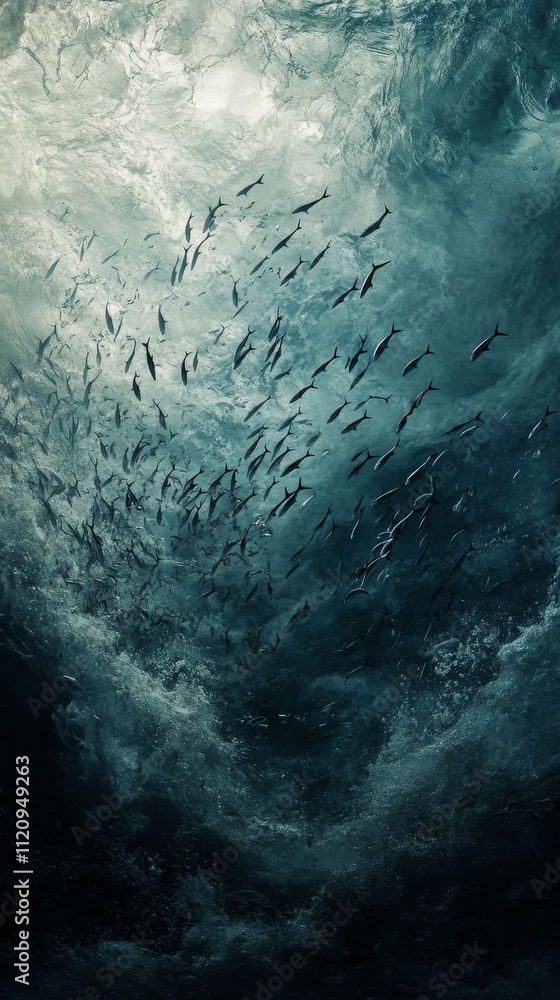 Obraz premium Underwater Elegance Reveals a School of Fish Gracefully Gliding Through Turbulent Ocean Currents in a Serene Display of Nature's Beauty During Twilight Hours