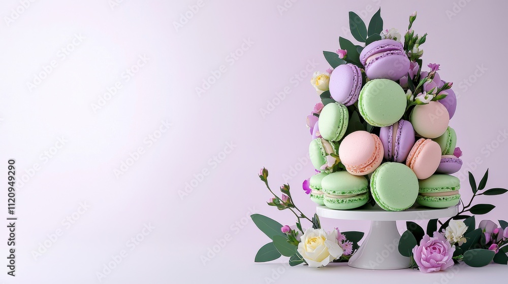 Beautifully Arranged Macarons in Pastel Colors on a Cake Stand Surrounded by Fresh Flowers Against a Soft Pink Background, Perfect for Celebrations and Events Beautifully Arranged Macarons in Pastel Colors on a Cake Stand Surrounded by Fresh Flowers Against a Soft Pink Background, Perfect for Celebrations and Events