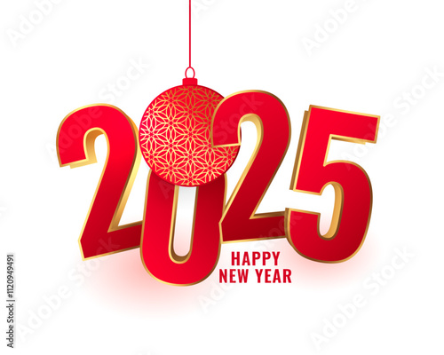 red 2025 new year greeting background with hanging bauble