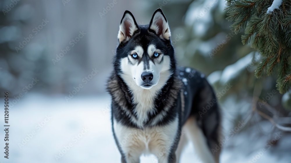 Stunning Close-Up, Black and White Husky with Blue Eyes in Winter Wonderland Stunning Close-Up, Black and White Husky with Blue Eyes in Winter Wonderland