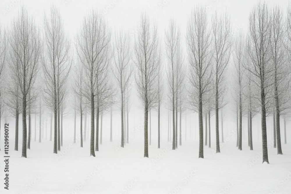 A serene winter landscape with bare trees in a foggy setting. A serene winter landscape with bare trees in a foggy setting.