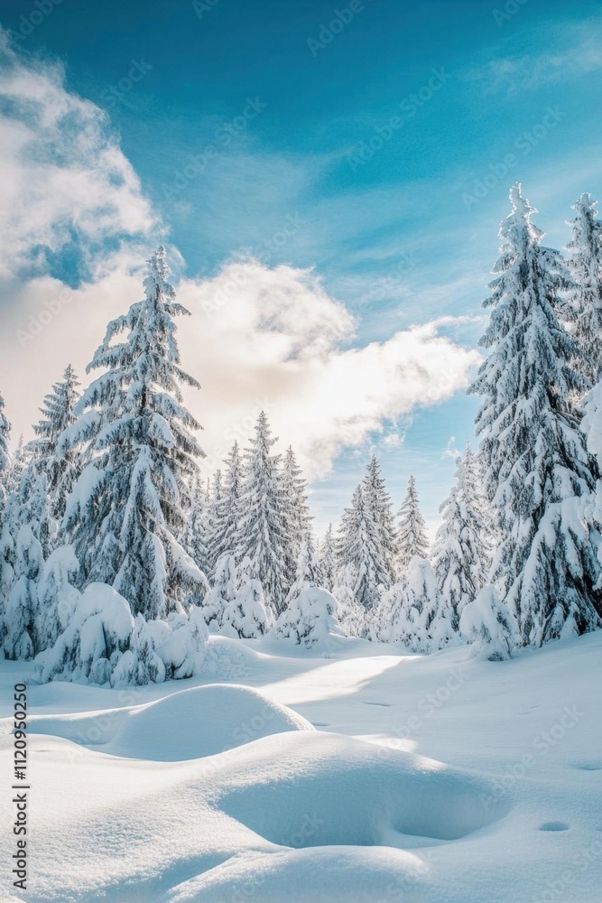 Snowy landscape with tall trees under a bright blue sky. Snowy landscape with tall trees under a bright blue sky.