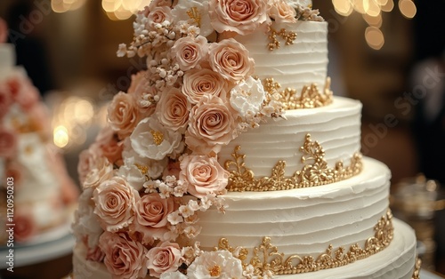 A breathtaking four-tiered wedding cake adorned with cascading blush roses and elegant gold detailing.  Pure romance! photo