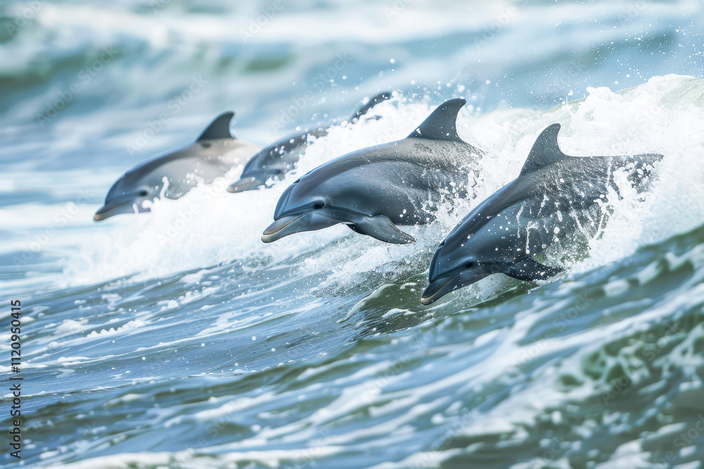 Fototapeta premium Dolphins in ocean waves under bright sky, summer time