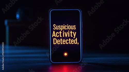 Spam call and scam technology, A mobile device displays a warning message about suspicious activity, illuminated in a dark environment, emphasizing security concerns.