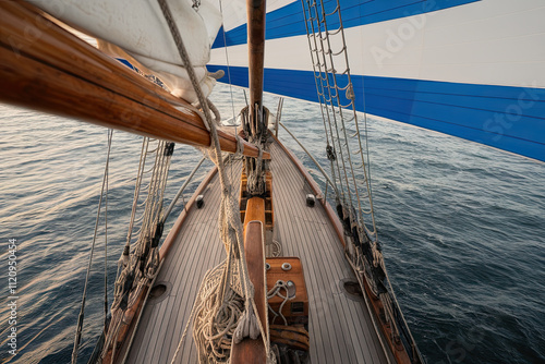 High-angle view of a sailing boat, aerial photography of ship deck from main spar photo