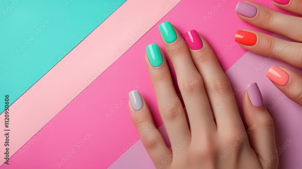 Hand with colorful nail polish on pink and blue background Hand with colorful nail polish on pink and blue background