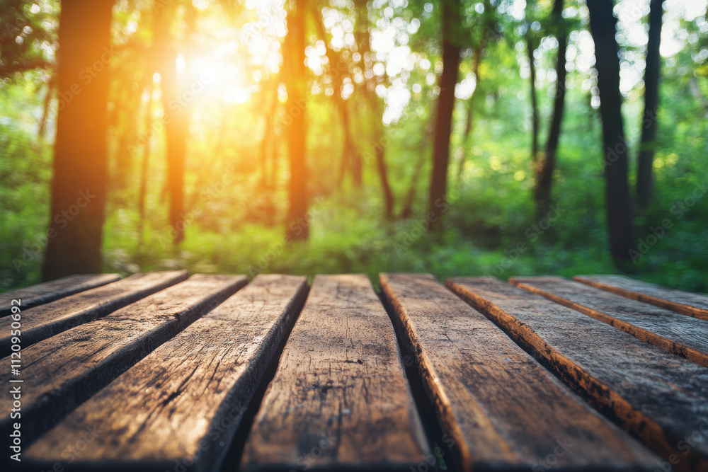 Sunlight peeks through lush green trees, casting a warm glow on a rustic wooden table in a serene forest setting. Sunlight peeks through lush green trees, casting a warm glow on a rustic wooden table in a serene forest setting.
