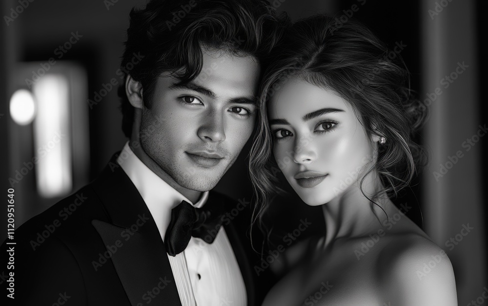Intimate black and white portrait of a stylish couple, radiating elegance and romance. Their tender closeness speaks volumes. Intimate black and white portrait of a stylish couple, radiating elegance and romance. Their tender closeness speaks volumes.