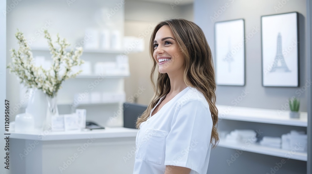 Smiling Healthcare Professional in a Modern Clinic Setting During a Sunny Morning, Brightening the Atmosphere With Warmth and Compassion for Patients Smiling Healthcare Professional in a Modern Clinic Setting During a Sunny Morning, Brightening the Atmosphere With Warmth and Compassion for Patients
