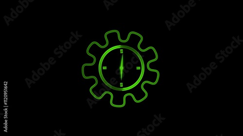 Glowing neon moving gears with clock icon animation , Analog clock icon animation .