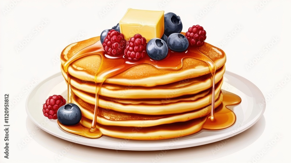 Stack of pancakes topped with butter, berries, and syrup. Stack of pancakes topped with butter, berries, and syrup.