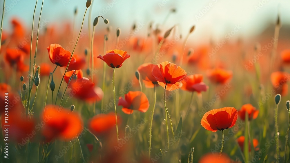 Obraz premium Enchanting Field of Poppies Swaying in the Breeze, Vibrant Red Petals, Green Grasses, High-Resolution Nature Photography