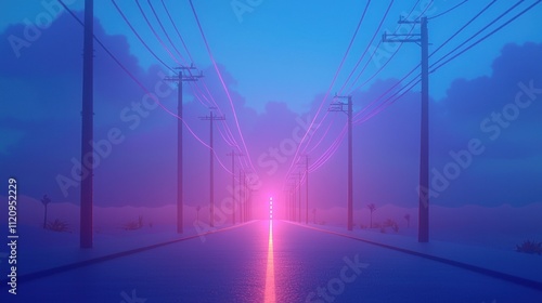 A surreal road scene with glowing lights and telephone poles under a twilight sky.