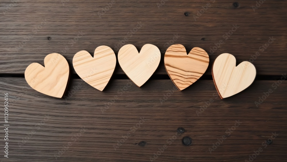 Obraz premium Five Simple Beige Wooden Hearts on Dark Wood, Valentine's Day Card Design