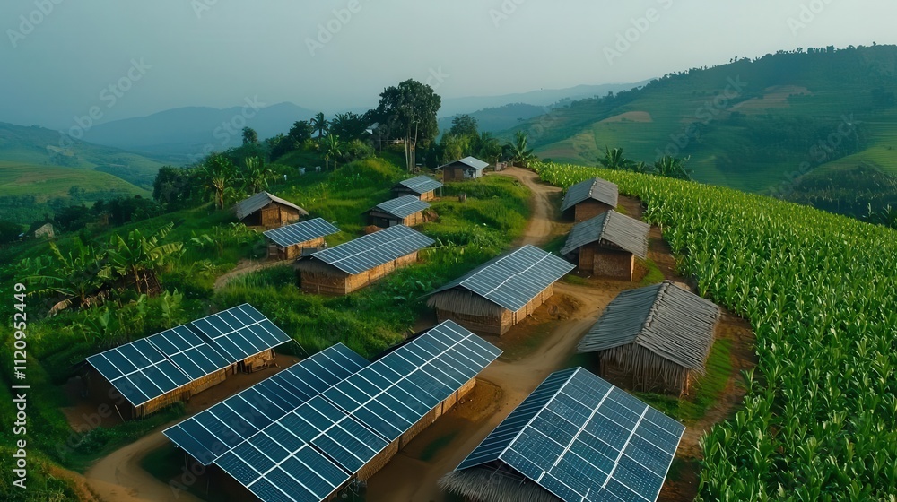 Market with rooftop solar panels and rainwater harvesting systems, supporting the needs of the rural community Market with rooftop solar panels and rainwater harvesting systems, supporting the needs of the rural community