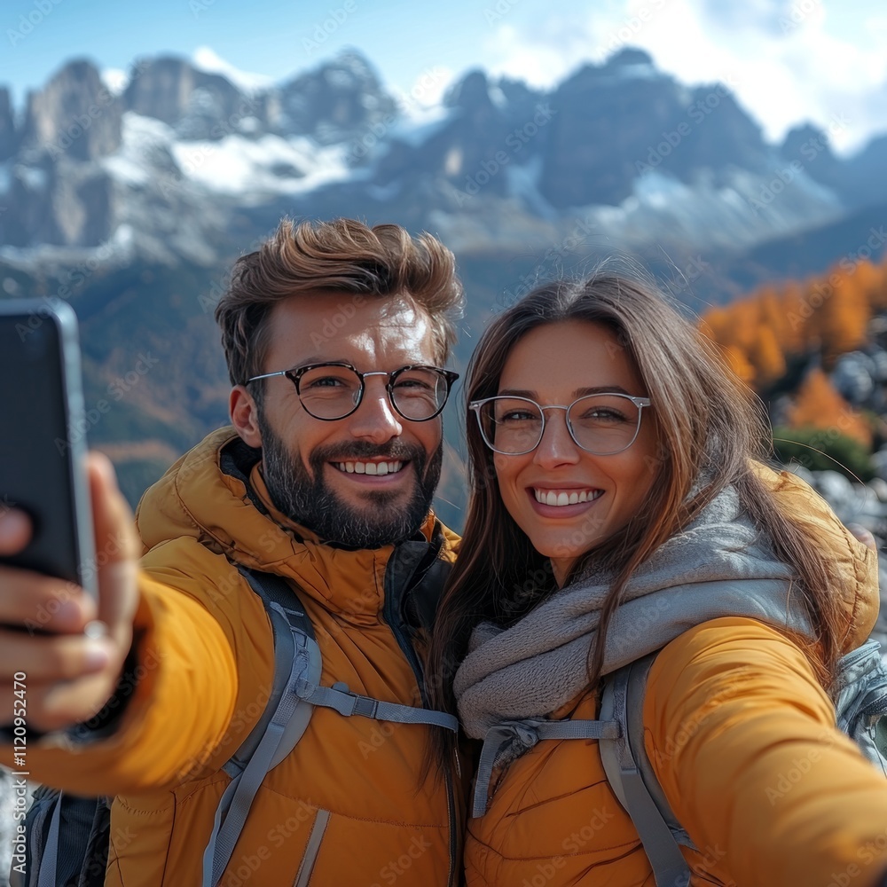 Couple Enjoying a Joyful Moment While Taking a Selfie Amidst Stunning Mountain Scenery During a Bright Autumn Day Couple Enjoying a Joyful Moment While Taking a Selfie Amidst Stunning Mountain Scenery During a Bright Autumn Day
