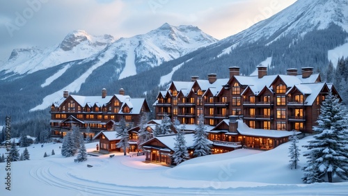 Solitude in the Snow, Picturesque American-Style Wooden Hotel Complex in Snowy Mountain Resort