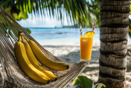 A banana lounging in a hammock made of palm leaves, with a tropical drink in hand photo