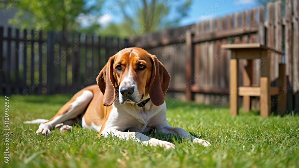 American Foxhound Dog Relaxing on Grassy Lawn near Wooden Fence on Sunny Day American Foxhound Dog Relaxing on Grassy Lawn near Wooden Fence on Sunny Day